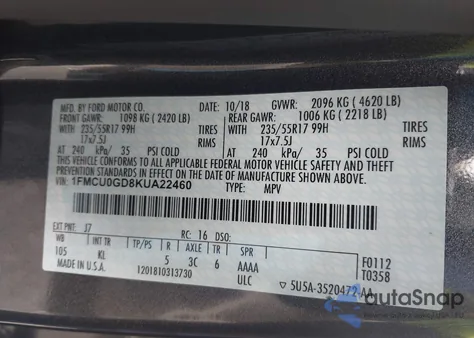 2019 Ford Escape Se из США, поврежденный, VIN 1FMCU0GD8KUA22460